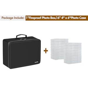 Photo Storage Box with Lock,DocSafe Fireproof Photo Organizer Box with 16 Inner 4" x 6" Photo Case(Clear),Collapsible Portable Photo Filing Safe Storage with Water-Resistant Zipper for Photos,Picture