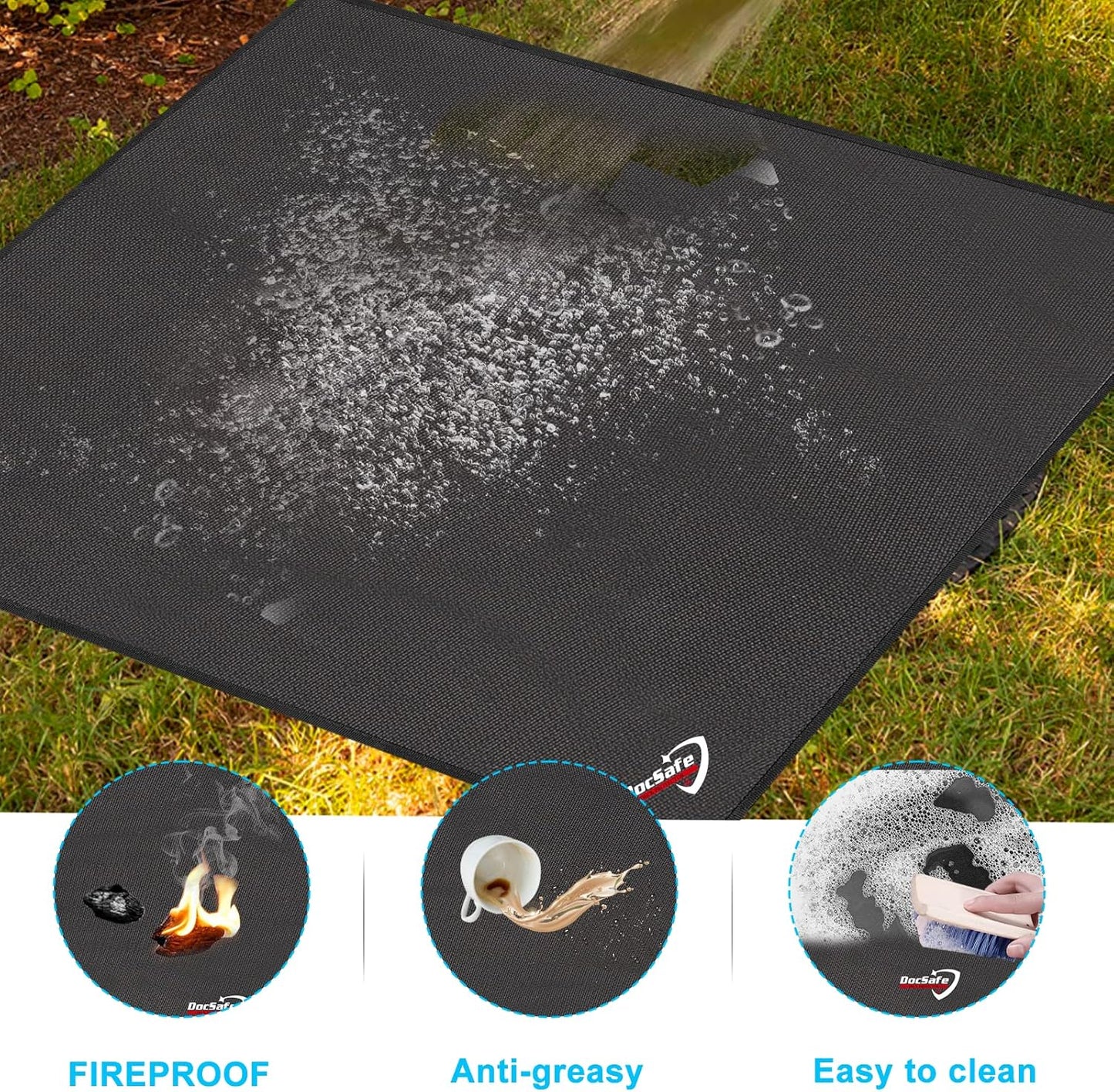 DocSafe 40" Square Fire Pit Mat Under Grill Mat,Fireproof Mat 4 Layers Fire Pit Pad Protect for Deck Patio Grass Outdoor Wood Burning Fire Pit and BBQ Smoker,Portable Reusable and Waterproof,Black